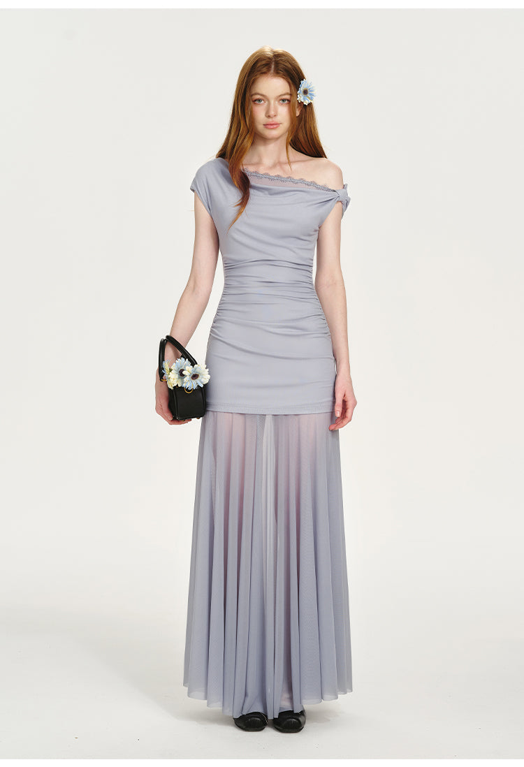 One-Shoulder Dress With Ruched Detail And Sheer Bottom