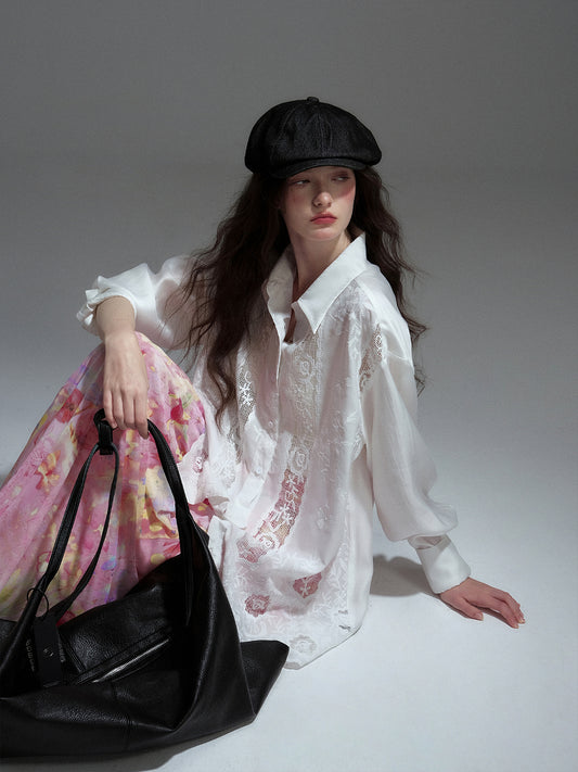 Longline Shirt With See-Through Lace Details