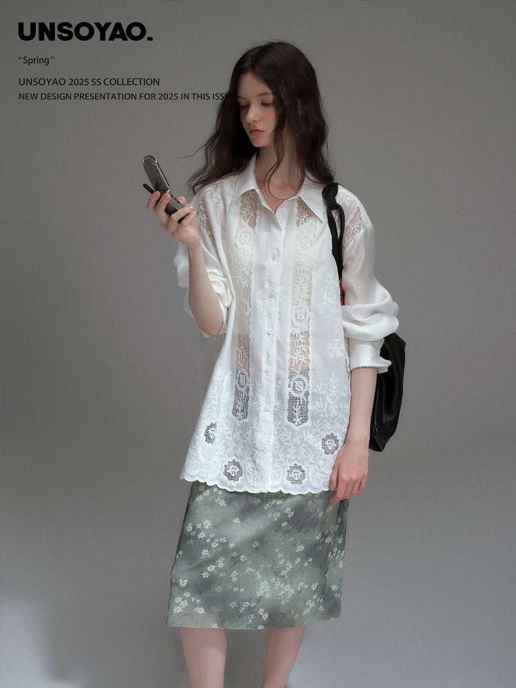 Longline Shirt With See-Through Lace Details