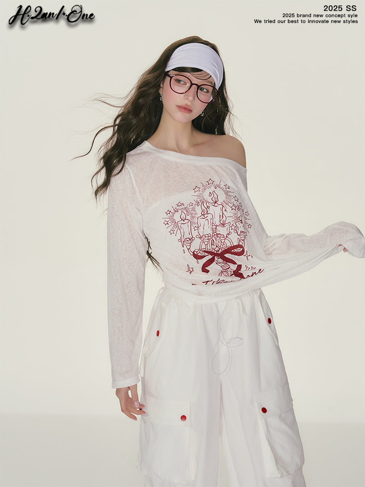Candle Print One-Shoulder Sunscreen T-Shirt