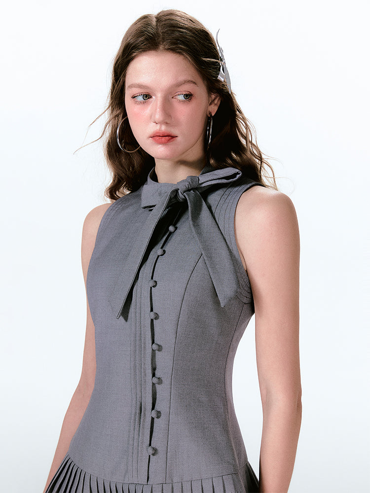 Structured Pleated Flare Dress With Tie Neck