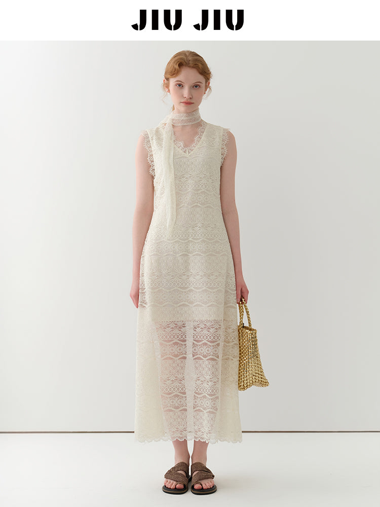 Sheer Floral Lace Sleeveless Maxi Dress