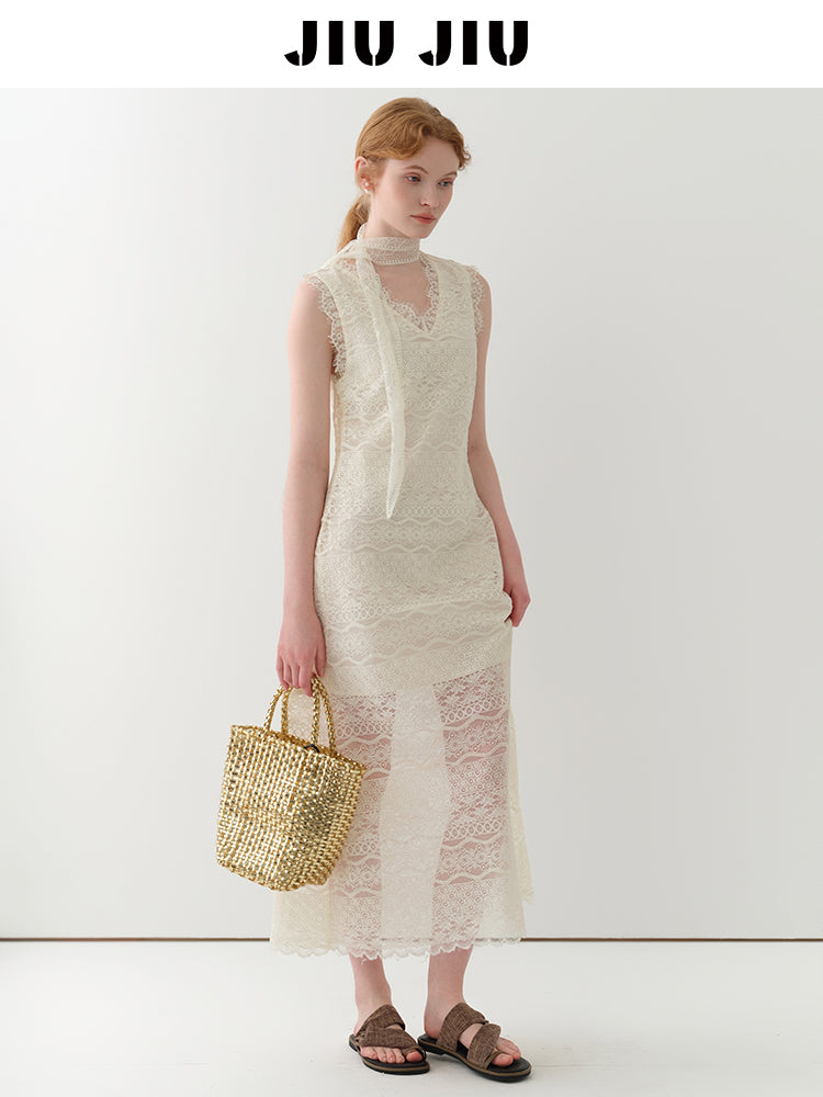 Sheer Floral Lace Sleeveless Maxi Dress