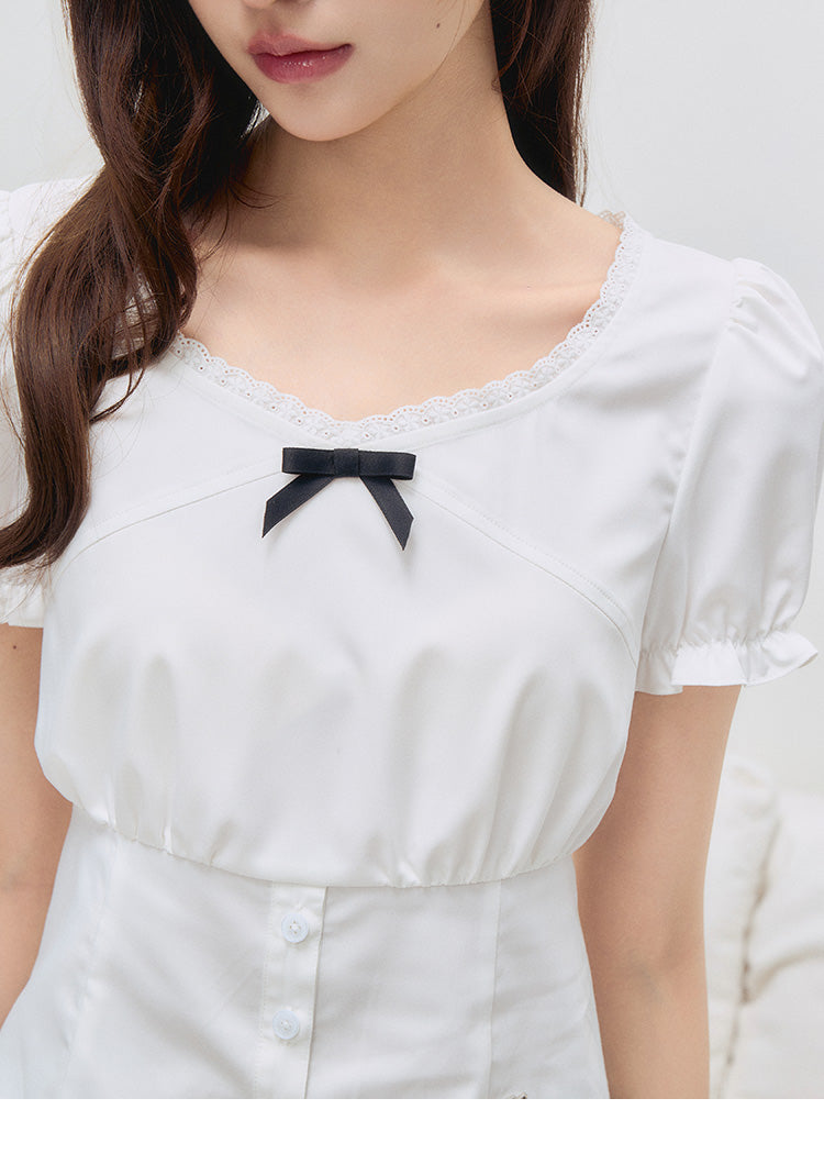Puff Sleeve Bustier Blouse With Logo Charm