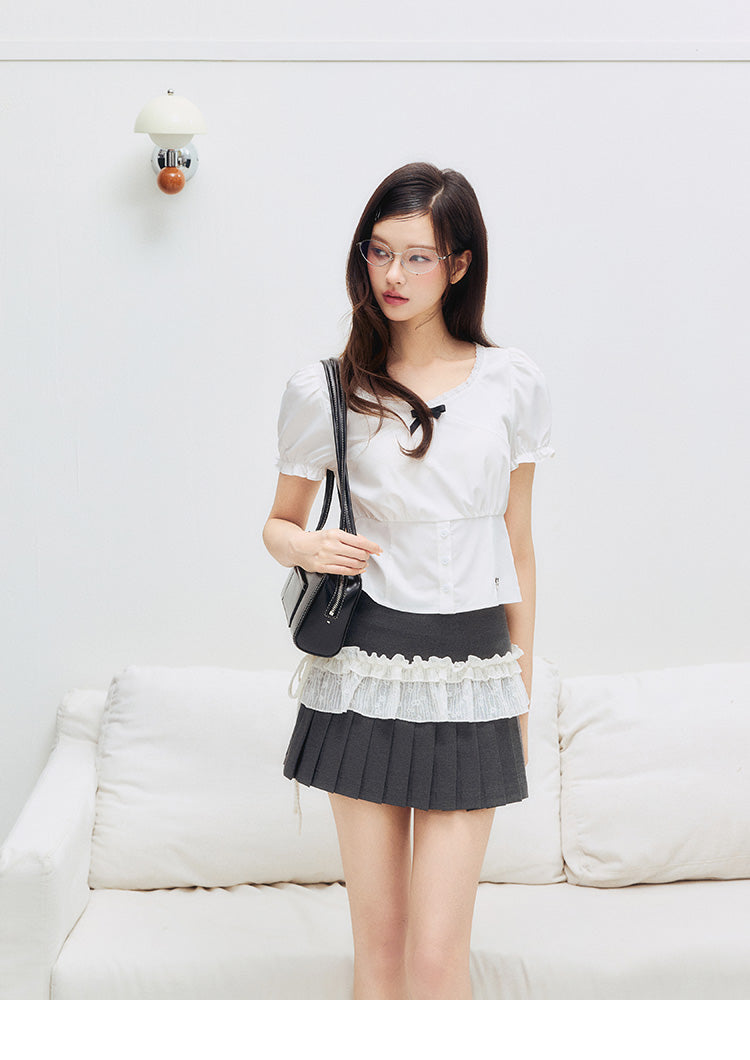 Puff Sleeve Bustier Blouse With Logo Charm
