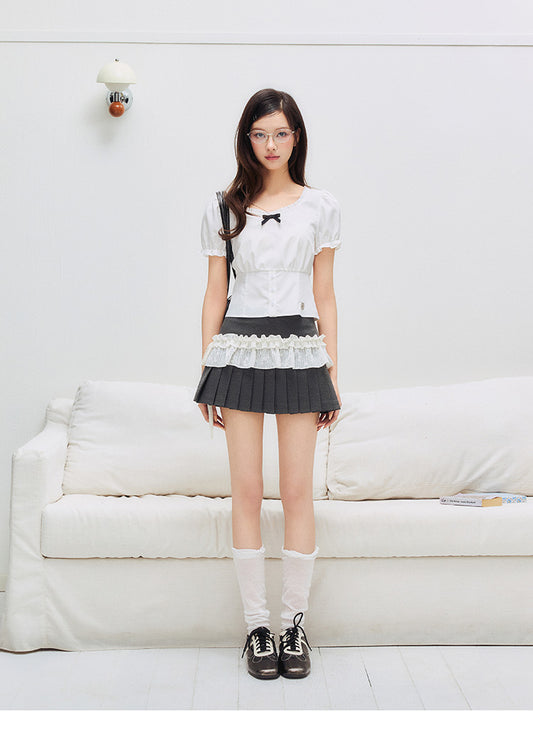 Puff Sleeve Bustier Blouse With Logo Charm