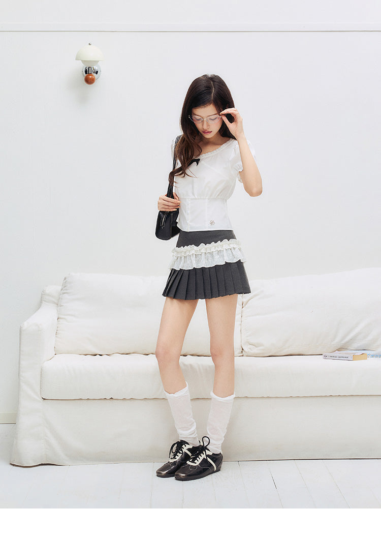Puff Sleeve Bustier Blouse With Logo Charm