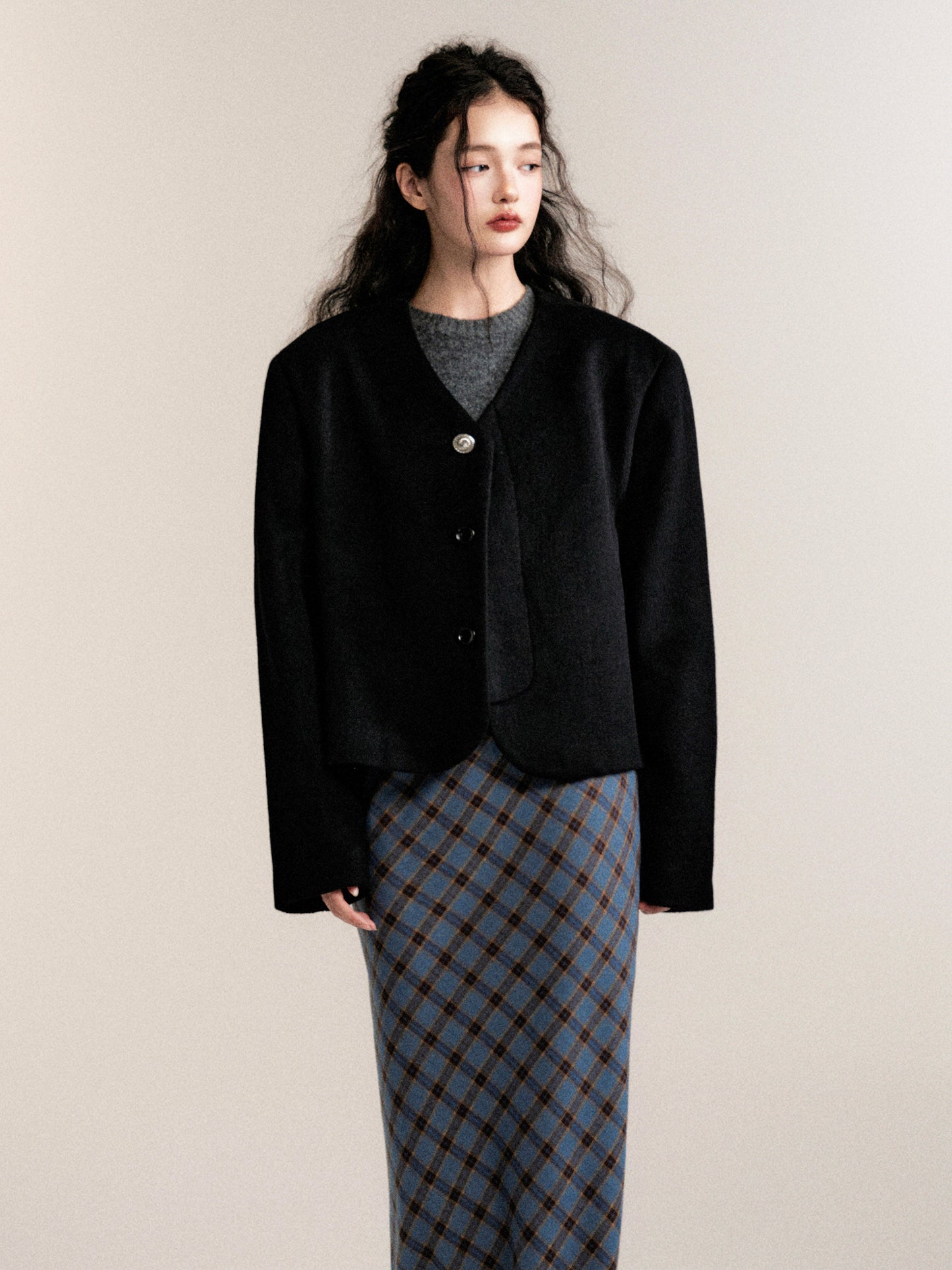 Relaxed Fit Merino Wool Collarless Jacket