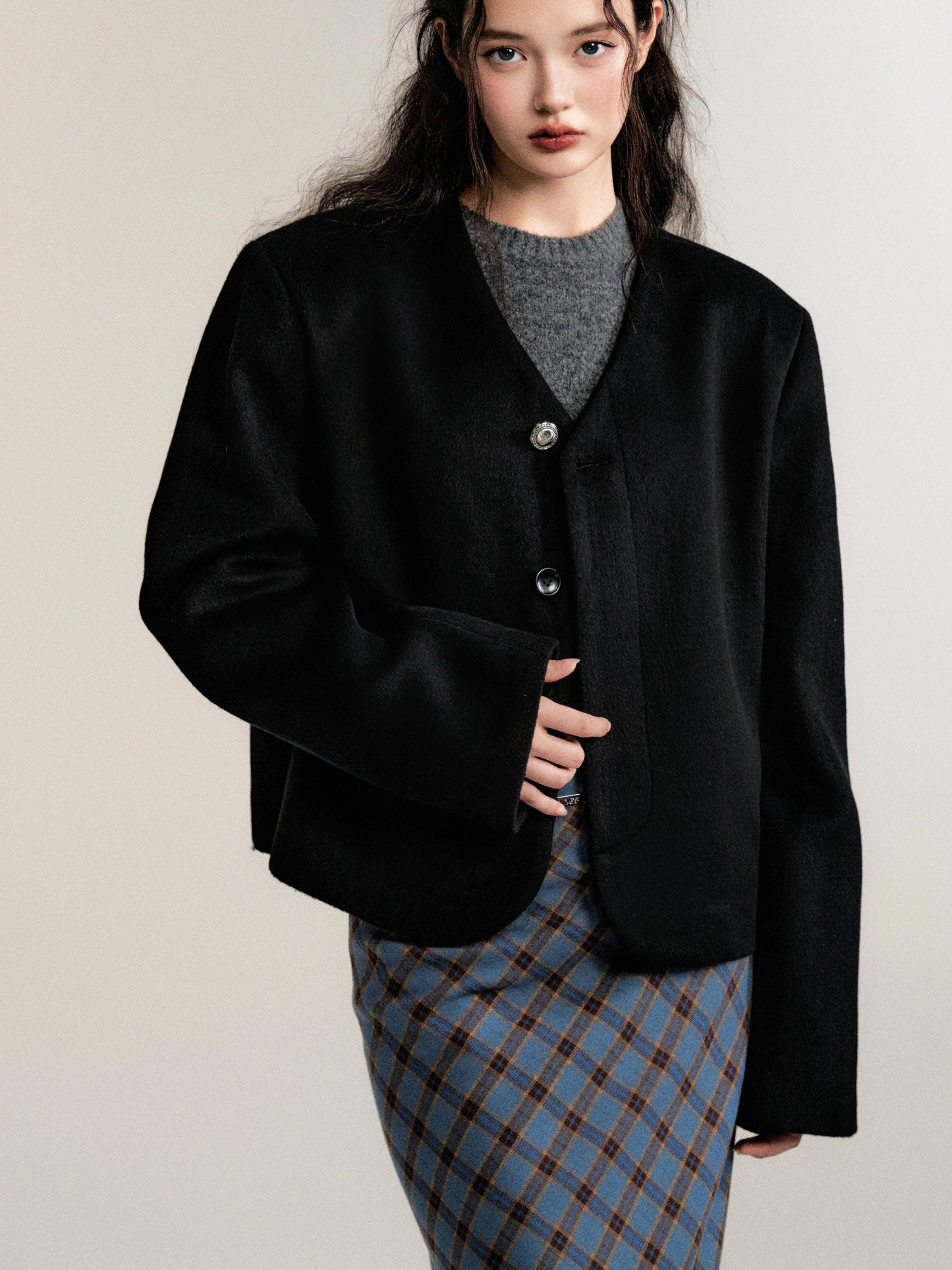 Relaxed Fit Merino Wool Collarless Jacket