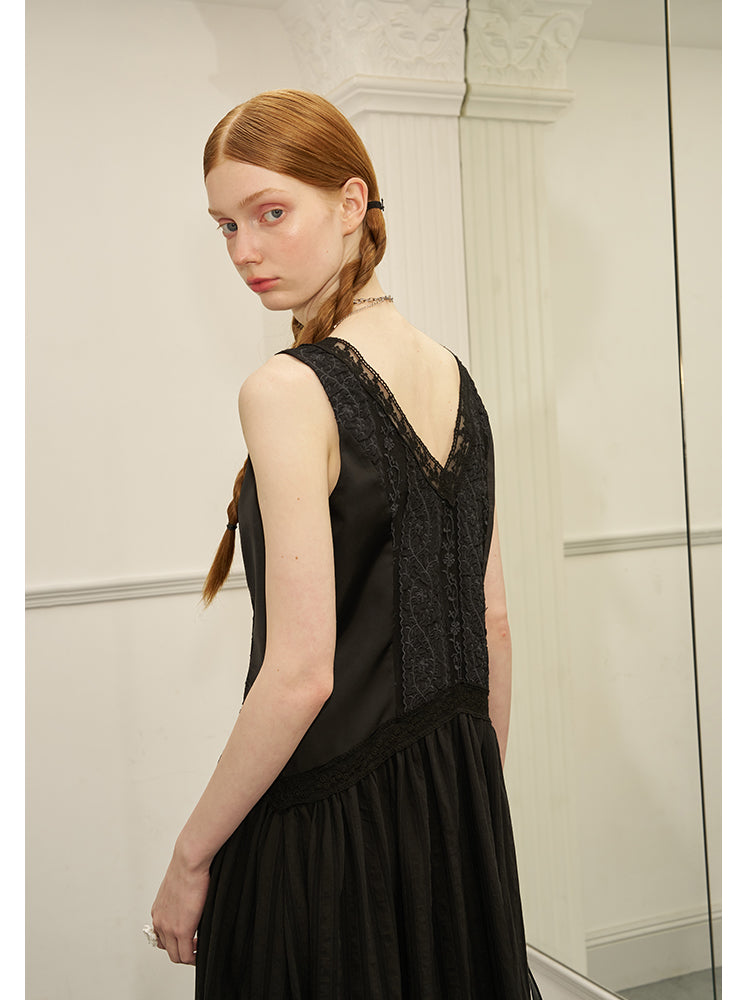 Panelled Sleeveless V-Neck Dress With Floral Lace