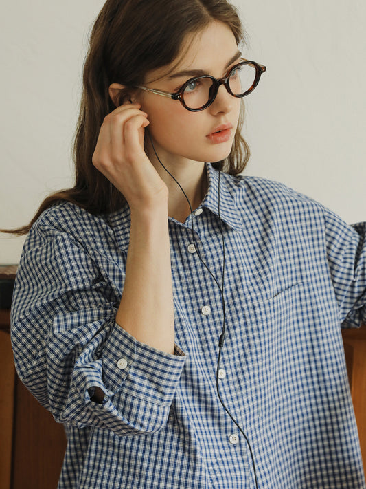Back-Embroidered Plaid Round Collar Shirt
