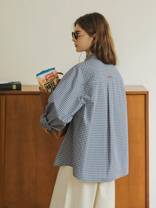 Back-Embroidered Plaid Round Collar Shirt