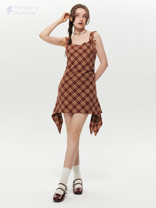 Asymmetrical Strapped Dress In Diamond Plaid With Bow Detail