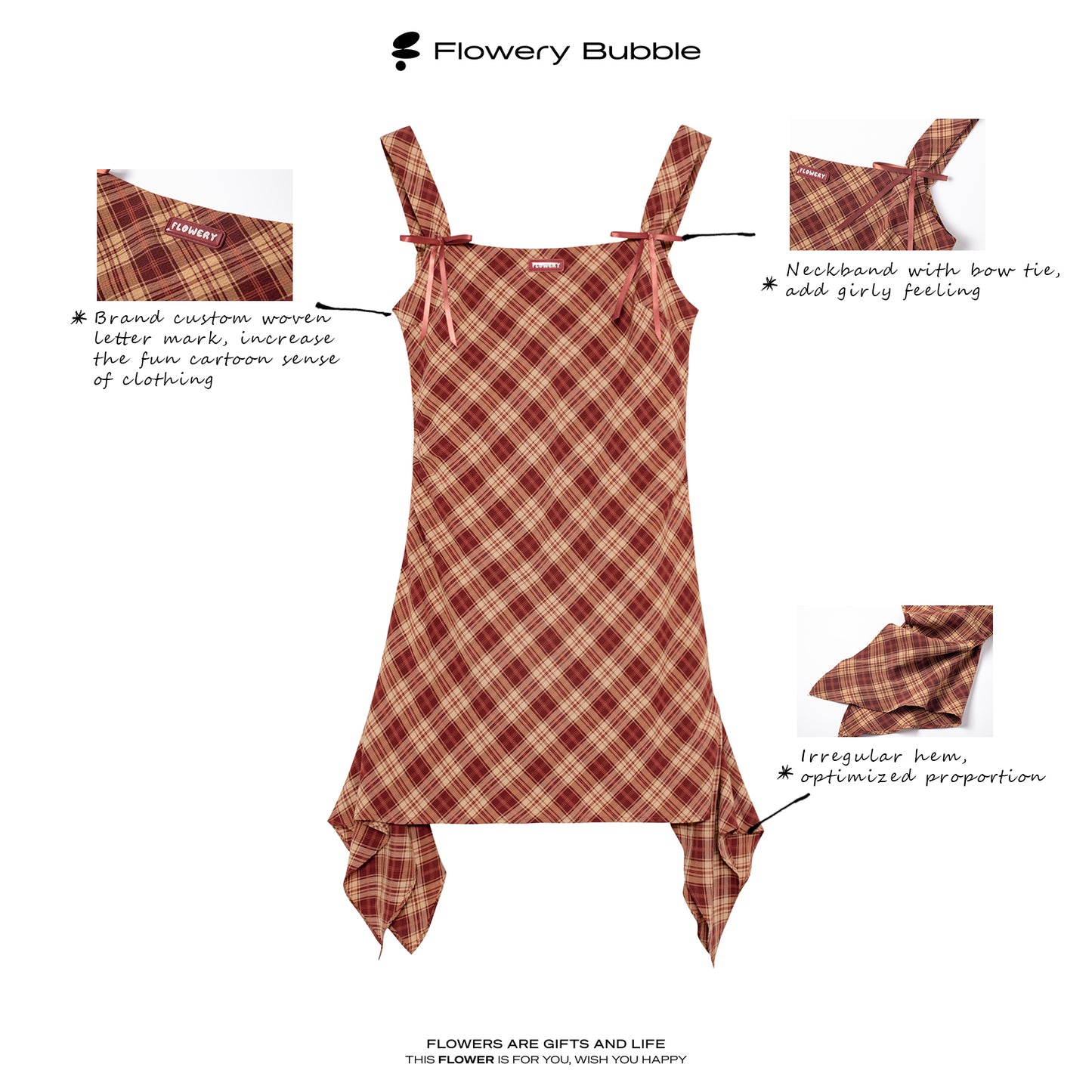 Asymmetrical Strapped Dress In Diamond Plaid With Bow Detail