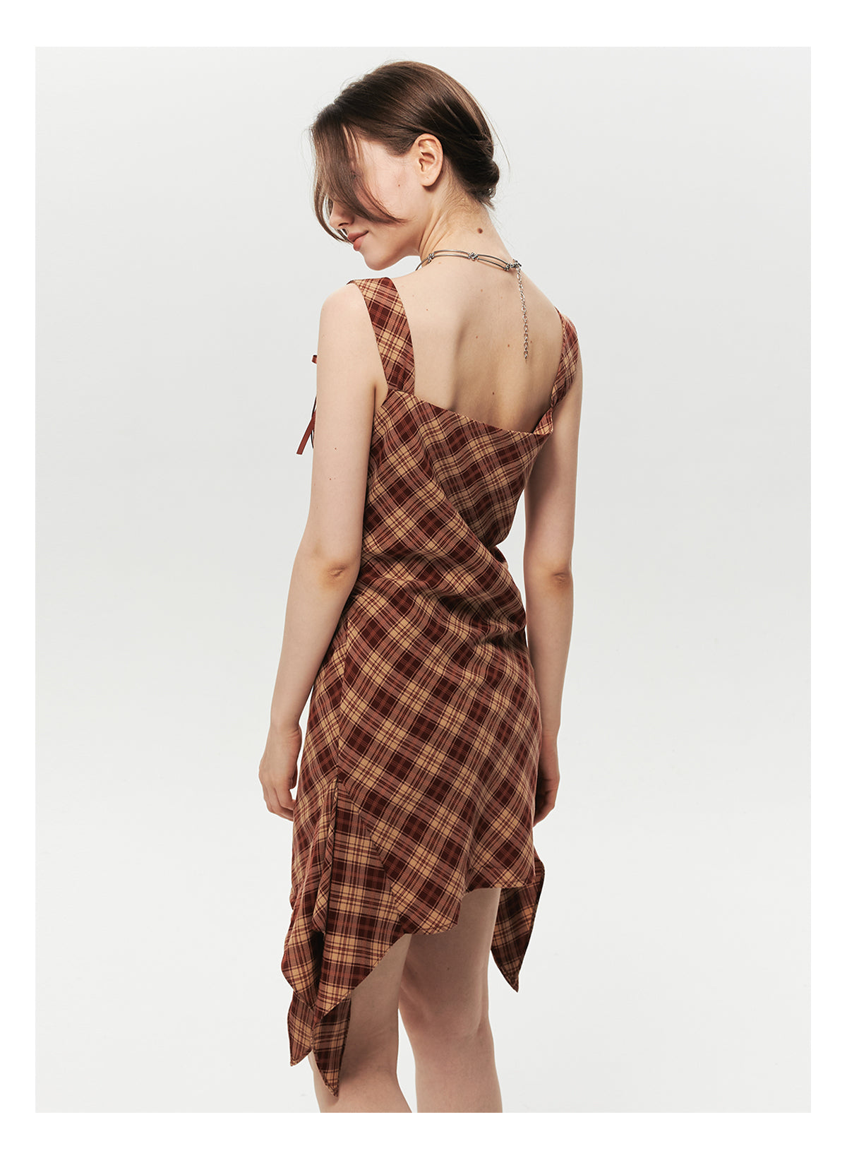Asymmetrical Strapped Dress In Diamond Plaid With Bow Detail