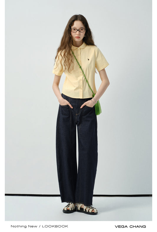 Round Collar Short-Sleeve Embroidered Shirt