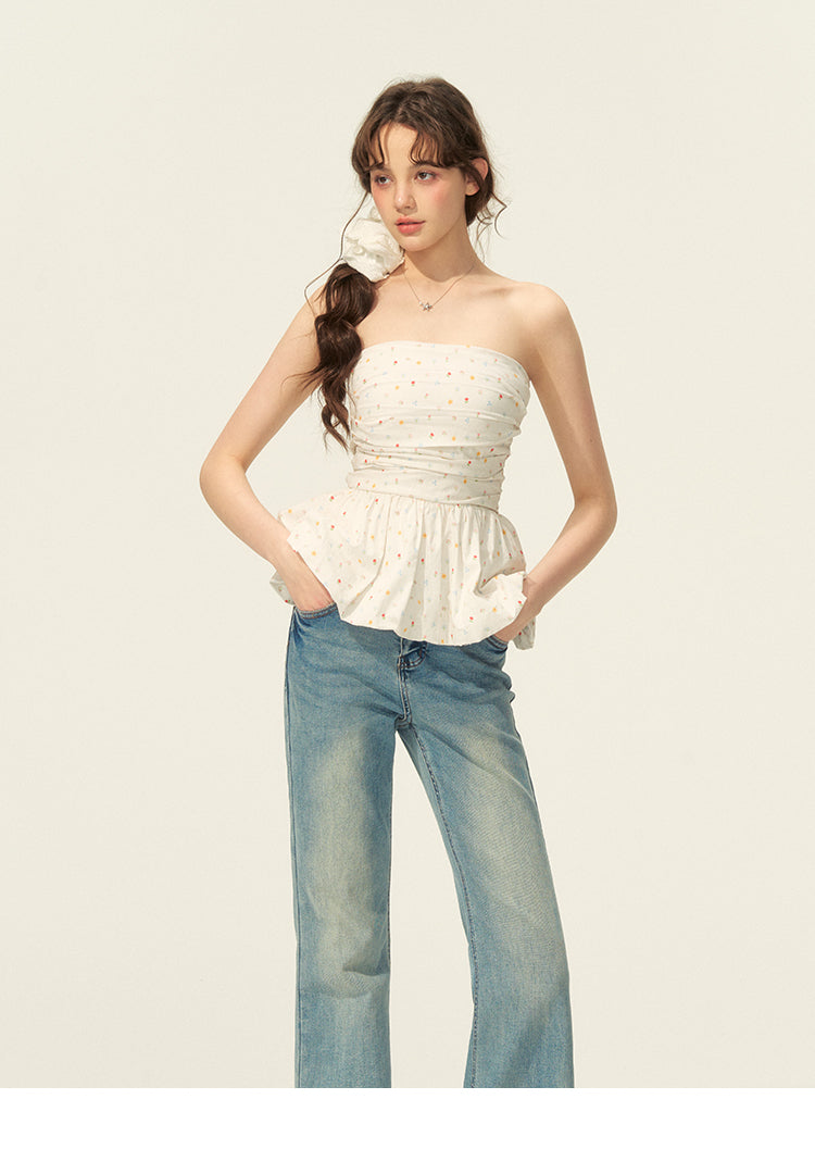 Small Floral Print Ruched Peplum Tube Top