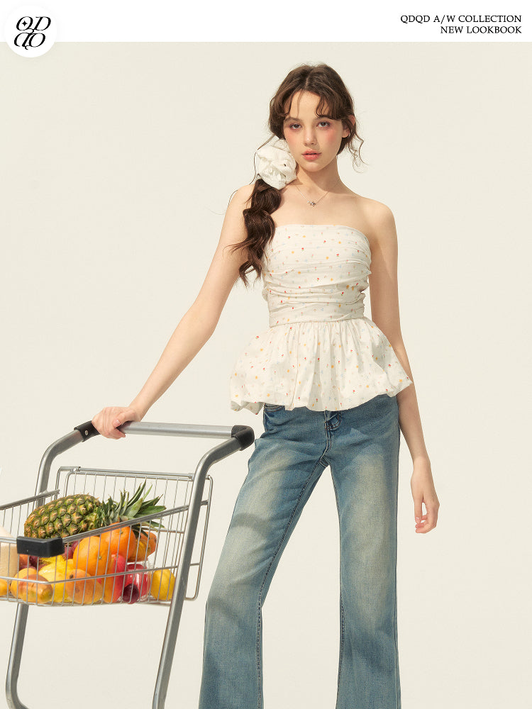 Small Floral Print Ruched Peplum Tube Top