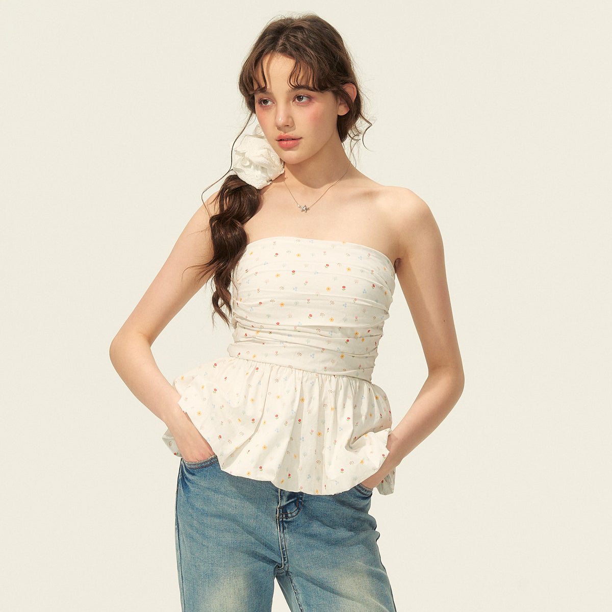 Small Floral Print Ruched Peplum Tube Top