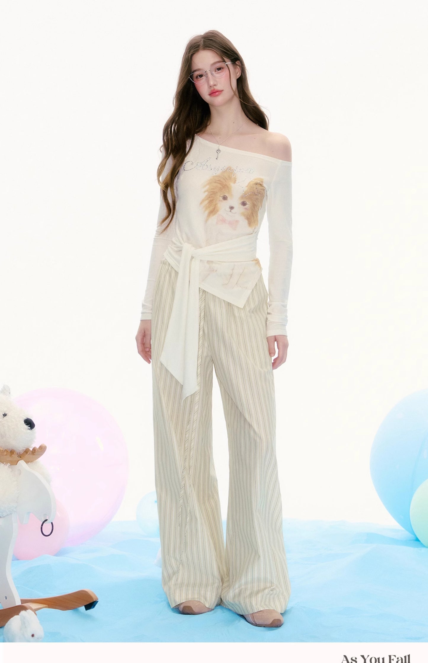 Dog Print Off-Shoulder Top With Tie Waist