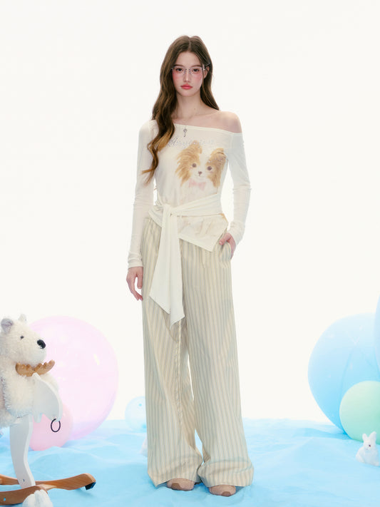 Dog Print Off-Shoulder Top With Tie Waist