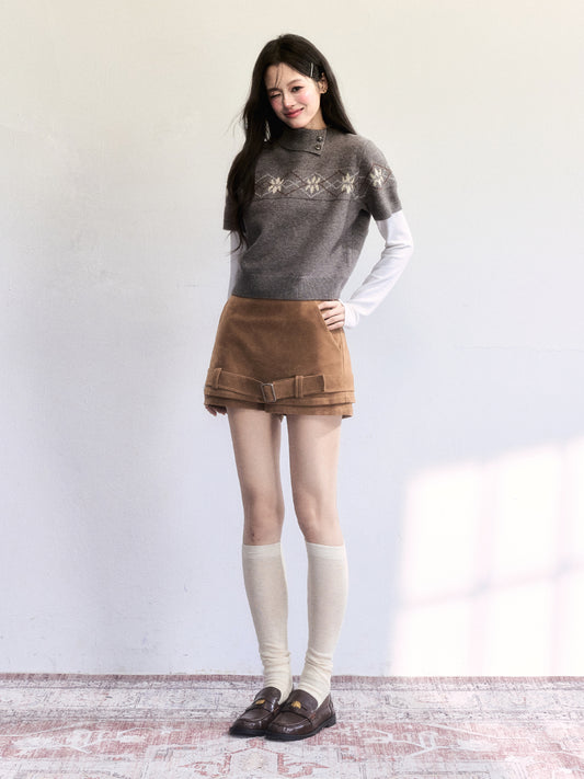 Faux Suede Mini Skirt With Hem Belt Accent