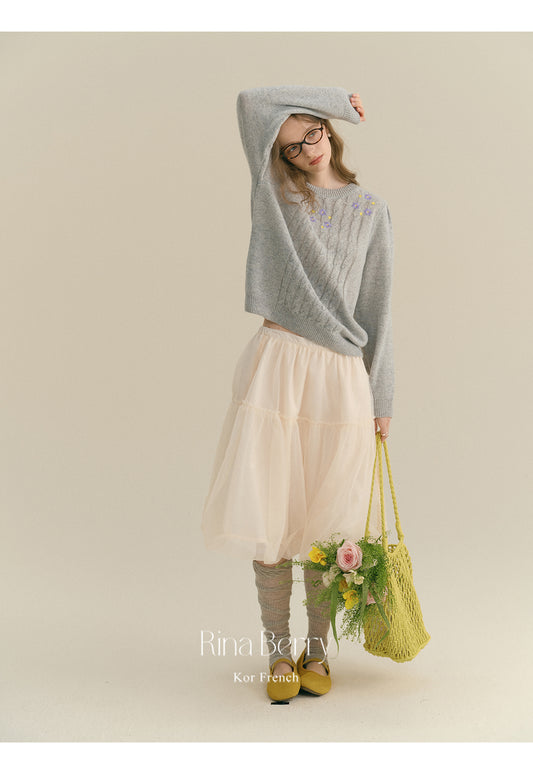 Soft Wool-Blend Cable Knit With Floral Detail