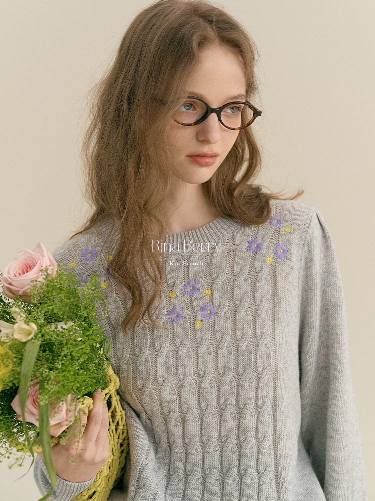 Soft Wool-Blend Cable Knit With Floral Detail