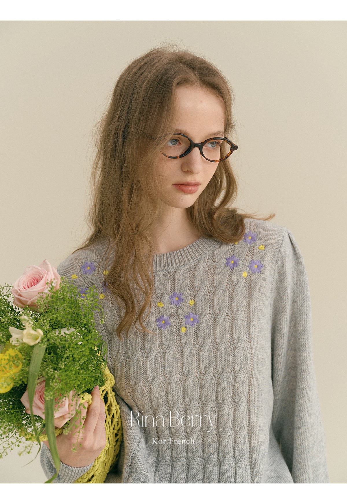 Soft Wool-Blend Cable Knit With Floral Detail