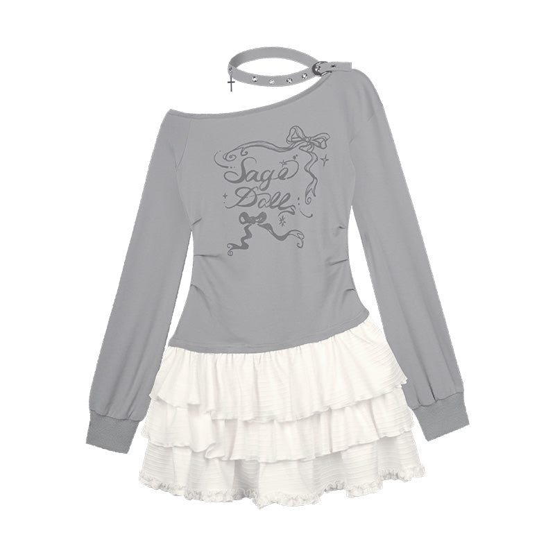 One Shoulder Ruffle Printed Dress With Choker Belt