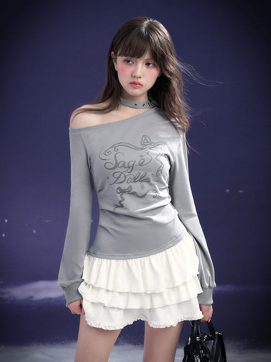 One Shoulder Ruffle Printed Dress With Choker Belt