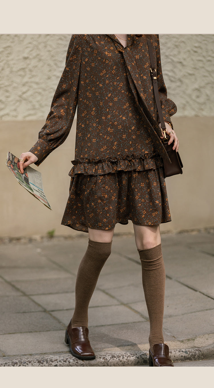 Retro Floral Stripe Textured Tie-Neck Dress