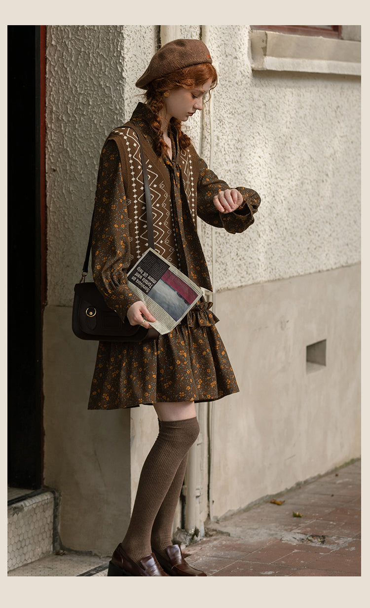 Retro Floral Stripe Textured Tie-Neck Dress