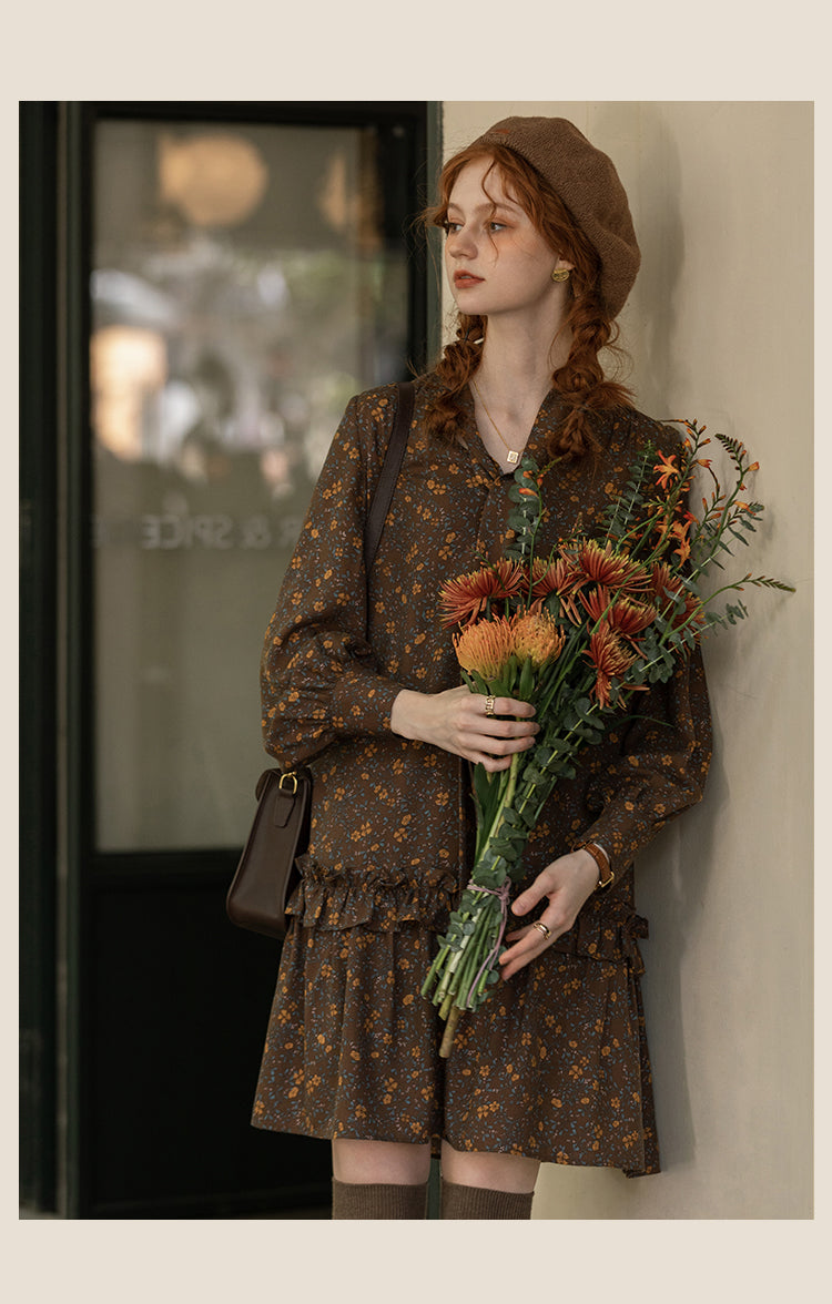 Retro Floral Stripe Textured Tie-Neck Dress