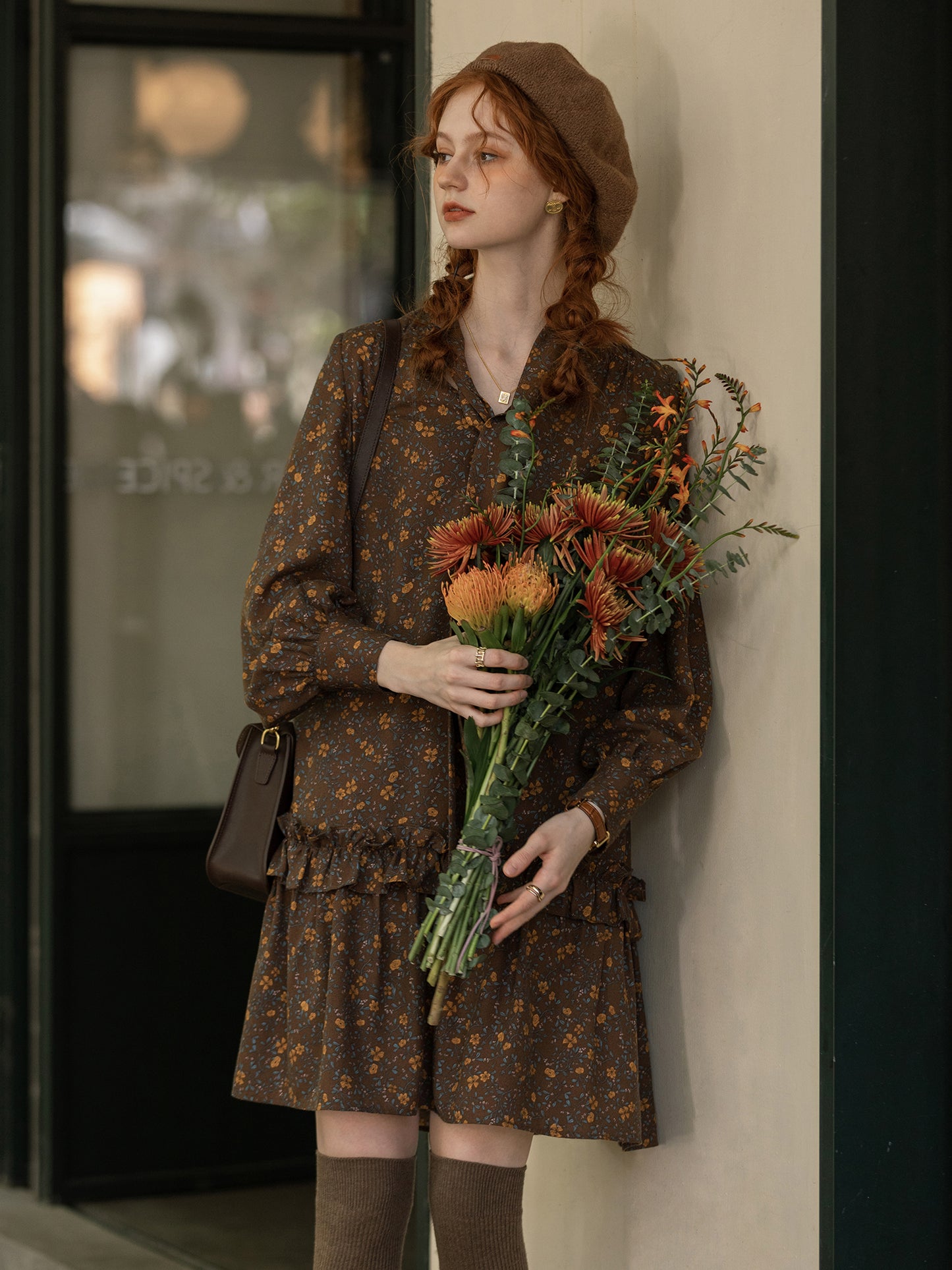 Retro Floral Stripe Textured Tie-Neck Dress