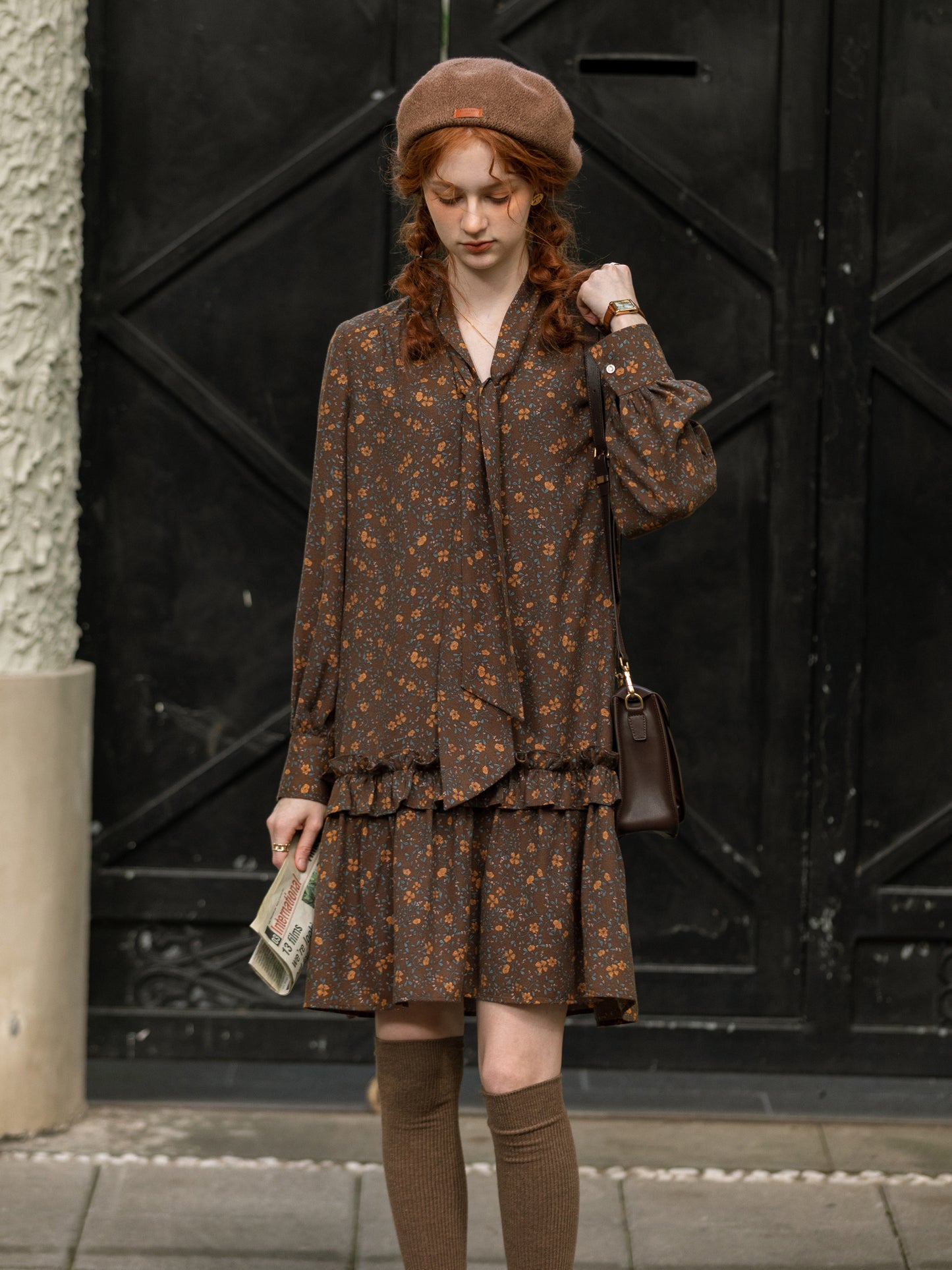 Retro Floral Stripe Textured Tie-Neck Dress