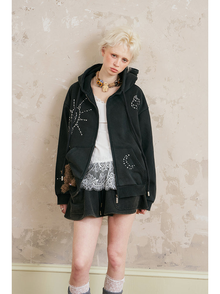 Studded Motif Washed Zip-Up Hoodie