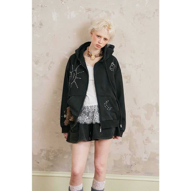 Studded Motif Washed Zip-Up Hoodie