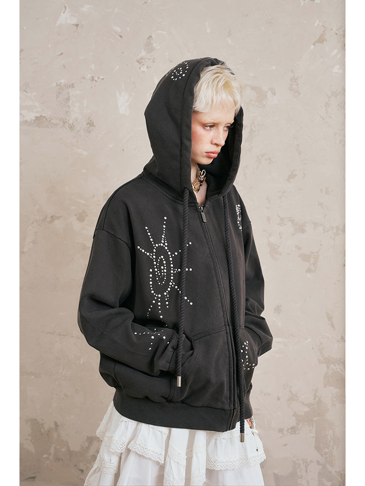 Studded Motif Washed Zip-Up Hoodie
