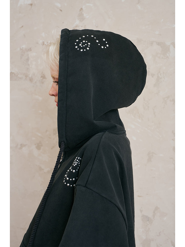 Studded Motif Washed Zip-Up Hoodie