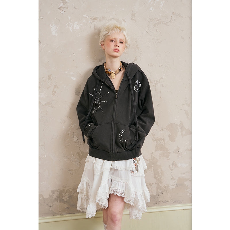 Studded Motif Washed Zip-Up Hoodie
