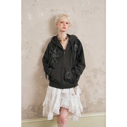 Studded Motif Washed Zip-Up Hoodie