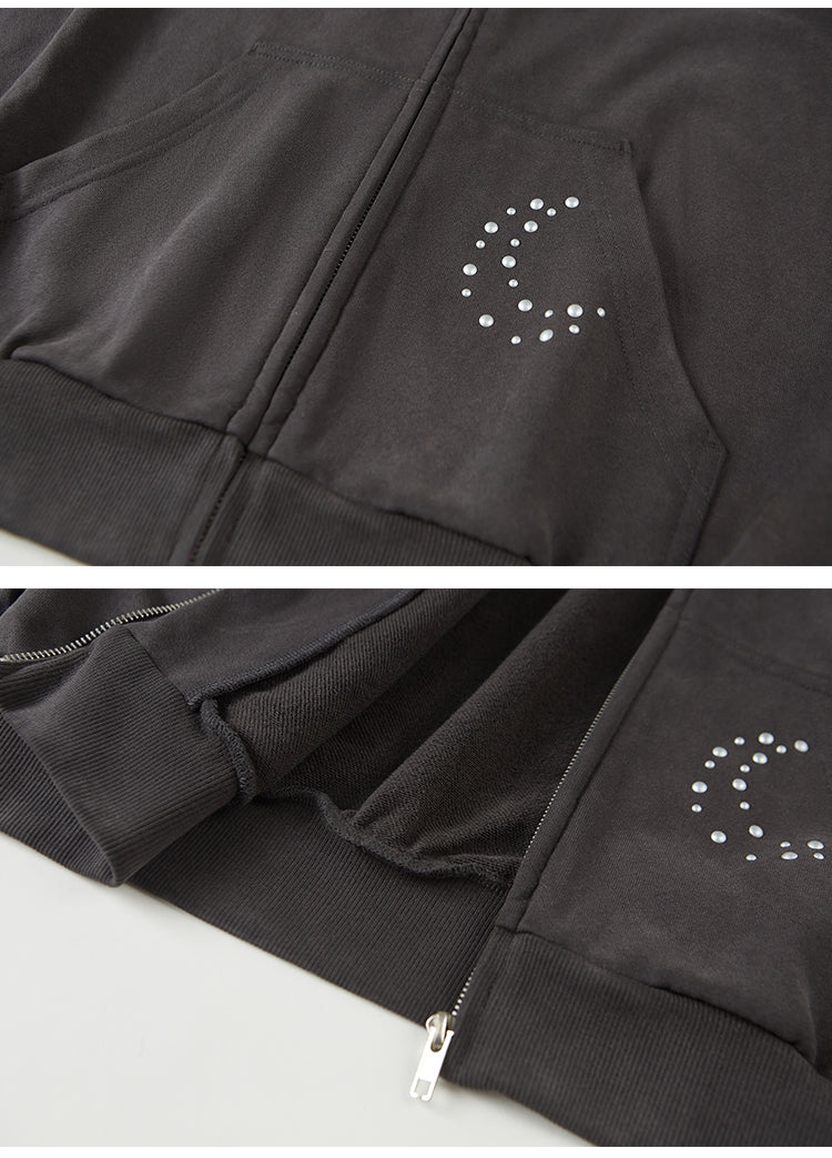 Studded Motif Washed Zip-Up Hoodie