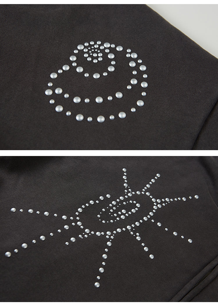 Studded Motif Washed Zip-Up Hoodie