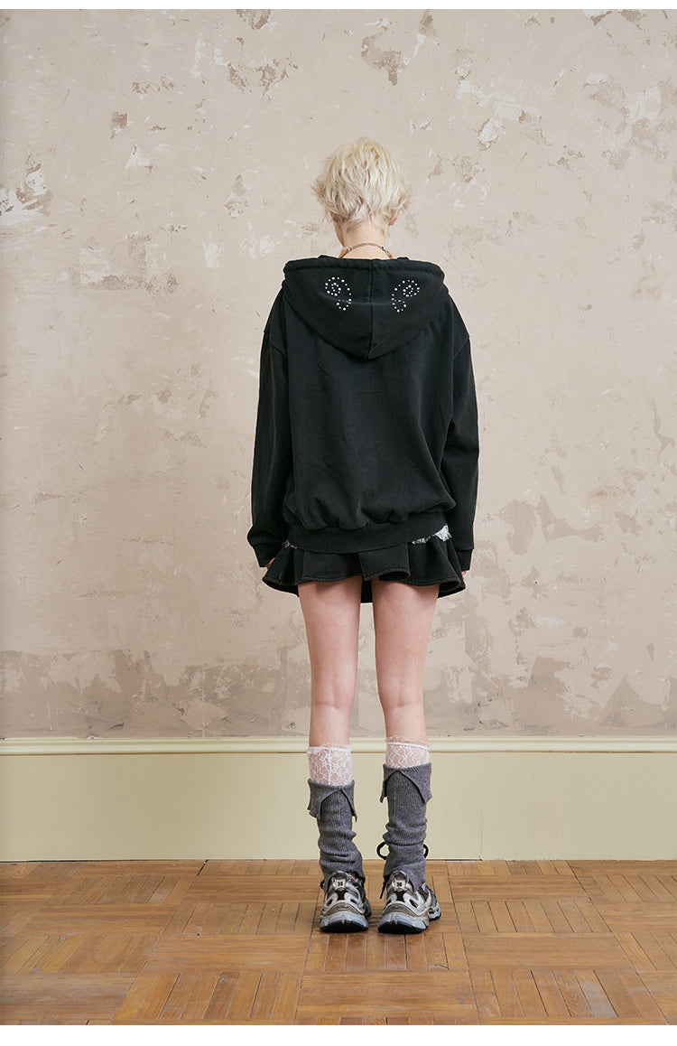 Studded Motif Washed Zip-Up Hoodie