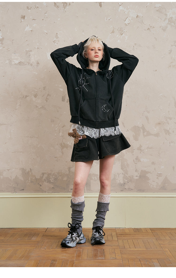 Studded Motif Washed Zip-Up Hoodie