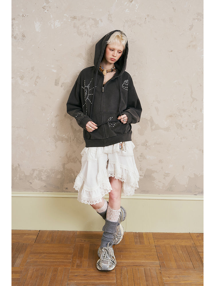 Studded Motif Washed Zip-Up Hoodie