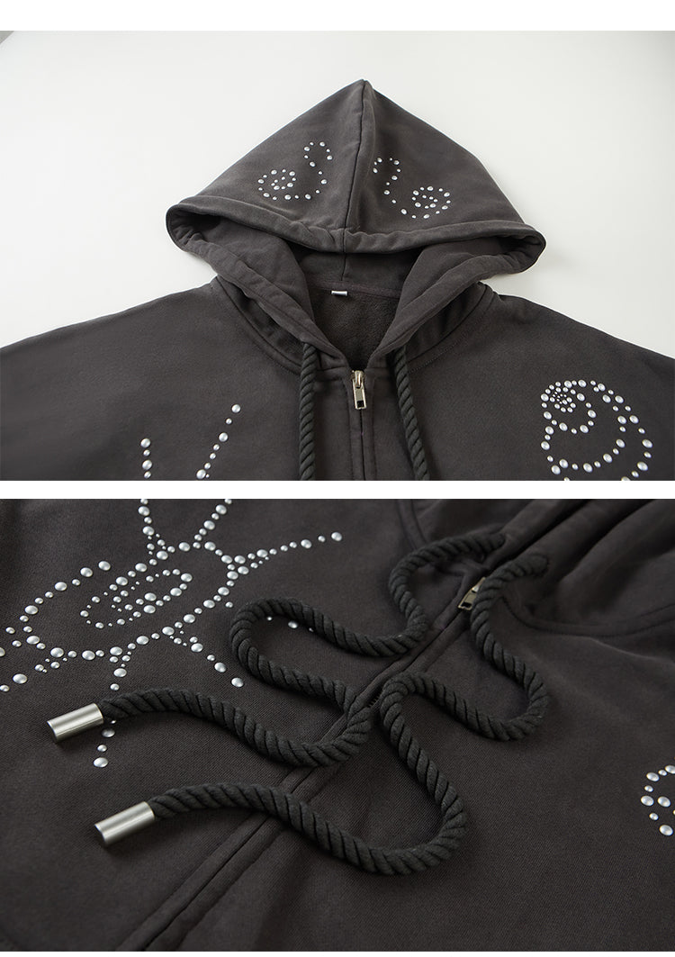 Studded Motif Washed Zip-Up Hoodie