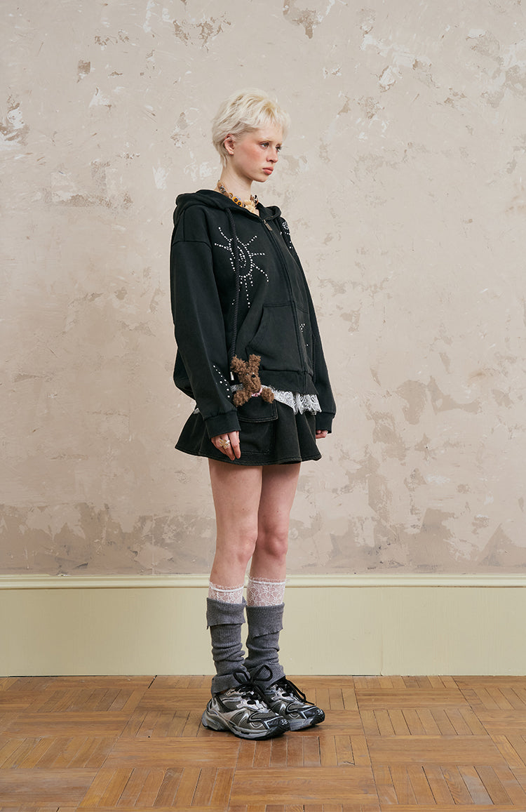 Studded Motif Washed Zip-Up Hoodie