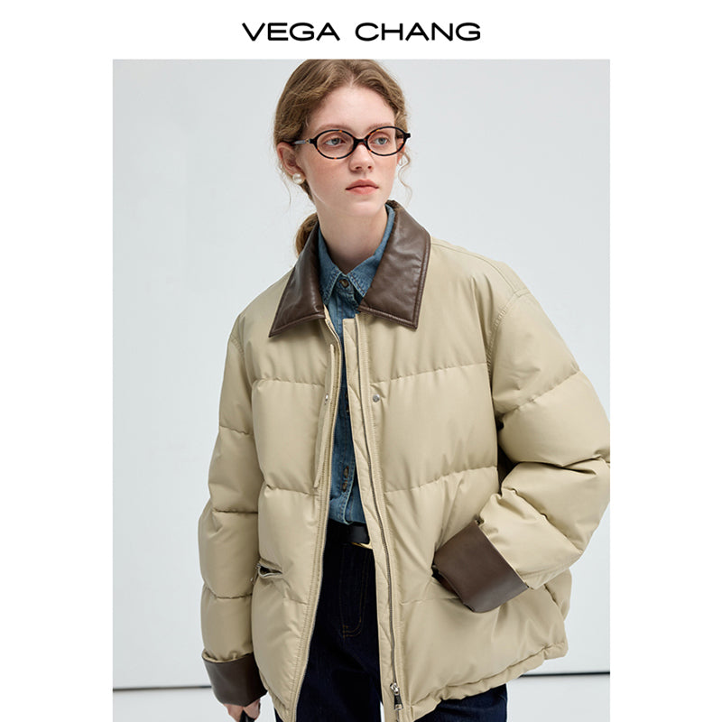 Two-Tone Faux Leather Duck Down Puffer Jacket